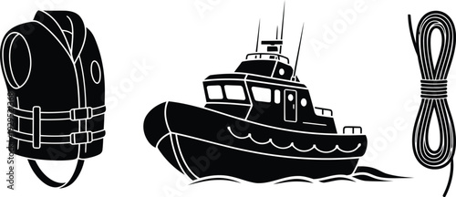 Maritime Safety Silhouette Featuring Rescue Life Vest Motorized Patrol Boat and Coiled Marine Rope for Nautical Security and Coast Guard Operations