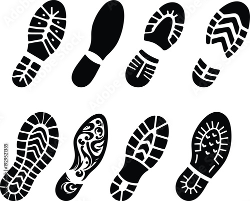 Black footprints and shoe sole silhouettes collection with various tread patterns isolated on white background for crime scene investigation design
