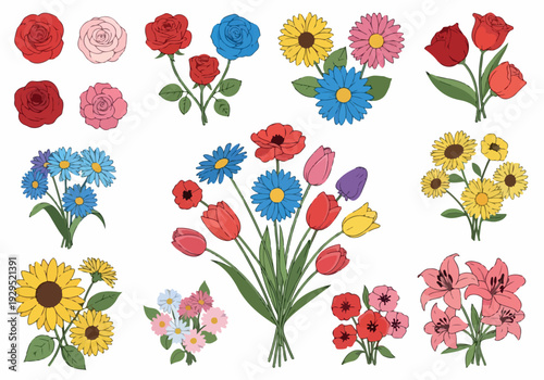 A vibrant collection of colorful floral arrangements featuring roses, tulips, sunflowers, daisies, poppies, and lilies, perfect for decorations and celebrations