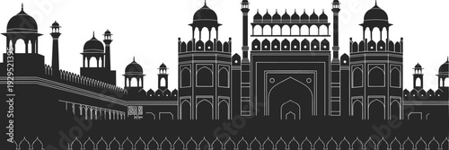 Red Fort silhouette illustration, historic Indian Mughal architecture landmark with domes and minarets isolated on white background, black and white vector design