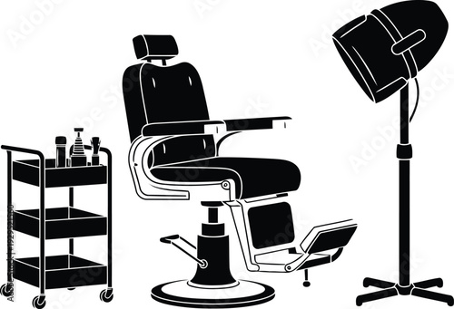Professional Hair Salon Silhouette Featuring Adjustable Barber Chair Mobile Tool Trolley and Hooded Hair Dryer for Beauty Shop and Grooming Service
