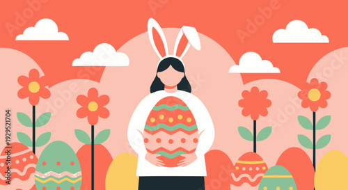 Easter bunny girl with decorative eggs in colorful spring garden