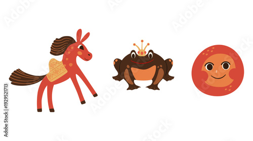 Russian fairy tale characters set. Vector folklore illustrations with Horse, Frog Princess and Bun.