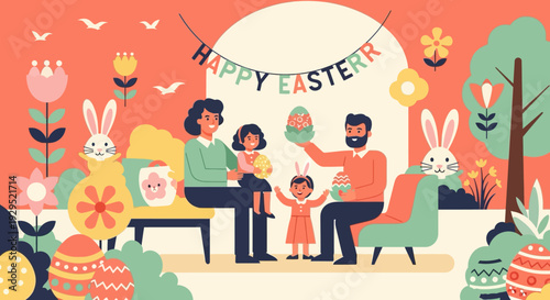 Vibrant easter celebration with family in flat style with colorful decorations and flowers