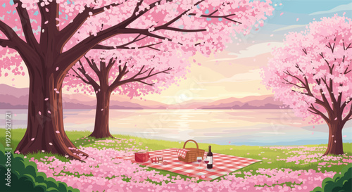 Serene illustration of a picnic with wine and basket under blooming cherry trees by a calm lake at sunset, creating a peaceful and romantic mood.