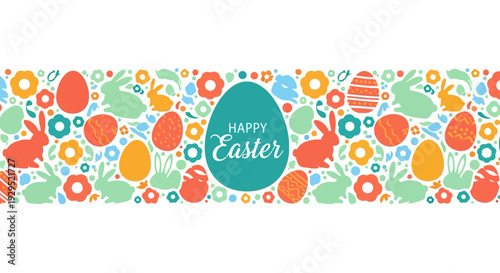 Colorful easter bunny and egg pattern with spring flowers