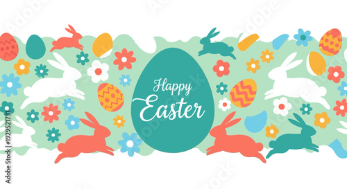 Colorful easter banner with bunnies, eggs, and flowers in a flat festive design