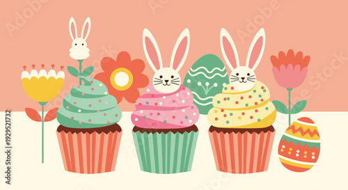 Charming easter cupcake scene with bunny toppers and festive eggs