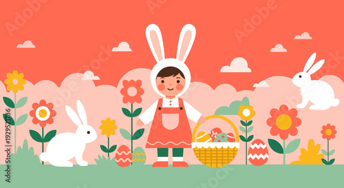 Cute easter scene with child in bunny outfit and spring elements