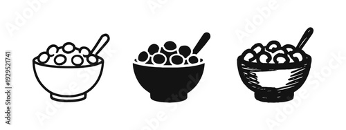 Cereal bowl icon set. Breakfast food with spoon symbol in outline, filled, and hand-drawn styles. Morning meal vector illustration.