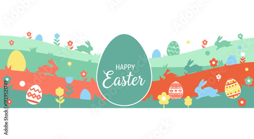 Colorful easter egg hunt with bunnies and flowers in a flat spring landscape