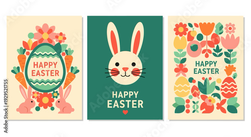 Happy easter cards with bunny and eggs in festive floral designs