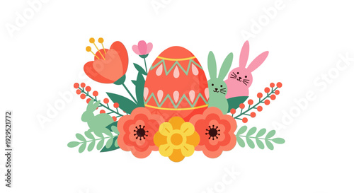 Colorful easter egg design with floral arrangement and bunny accents