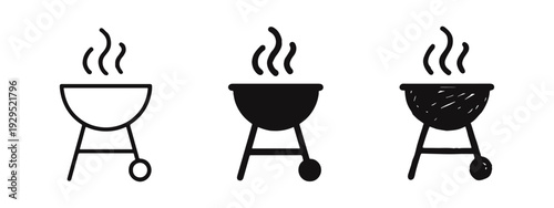 BBQ grill icon set. Barbecue with smoke symbol in outline, filled, and hand-drawn styles. Outdoor cooking vector illustration.