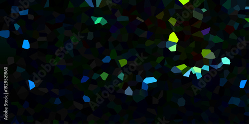 Vector Abstract, geometric, mosaic-like, polychromatic design of sparkling gemstones scattered on a dark black canvas, featuring a kaleidoscope of vivid colors. Design