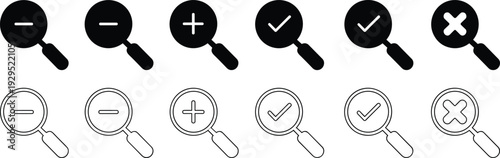 Magnifying glass search icons set with plus, minus, check mark and cross symbols in black and outline style isolated on white background