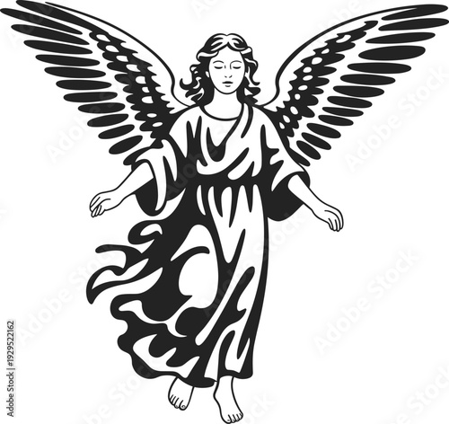 A black and white of an angel with large wings and flowing robes divine