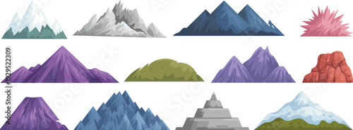 Collection of Colorful and Stylized Mountain in Various Shapes and Colors mountains purple blue green