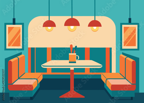 A cozy kitchen nook interior scene with a dining booth, table, cup with cutlery, and three hanging pendant lights in teal and orange.