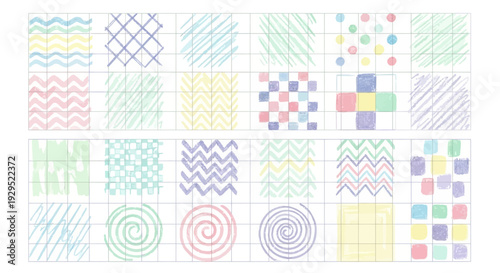 Collection of colorful geometric patterns and designs on grid.