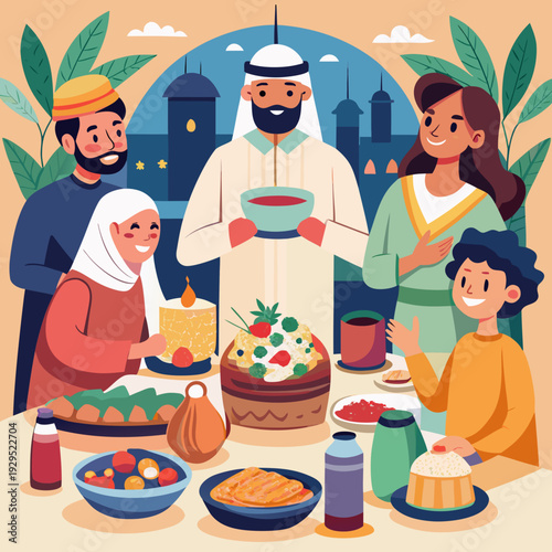 Family Sharing Traditional Arabic Dishes At A Feast