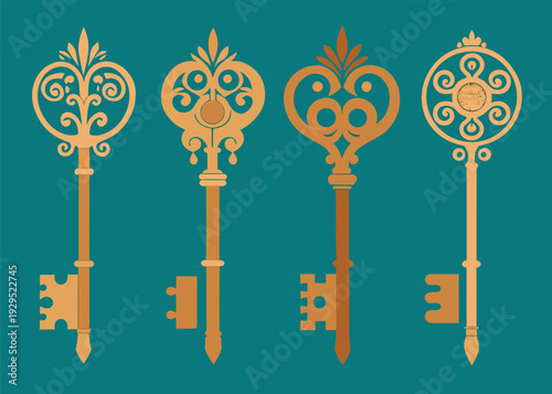 Four elaborate vintage skeleton keys featuring intricate details are presented on a solid teal background.