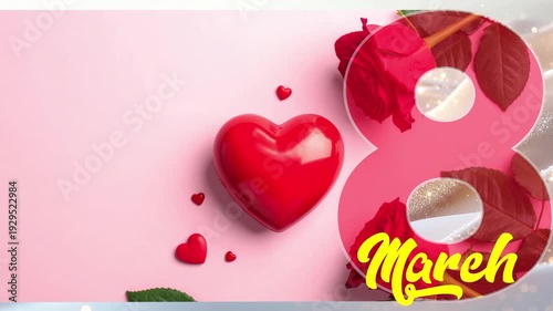 8 March Greeting Animation with Red Heart and Roses