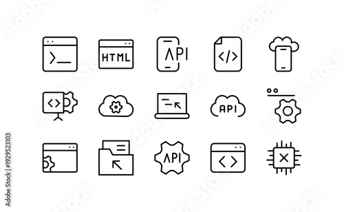 API Integration line icon collection. Application programming interface, automation, server, cloud sync, developer tools vector icons