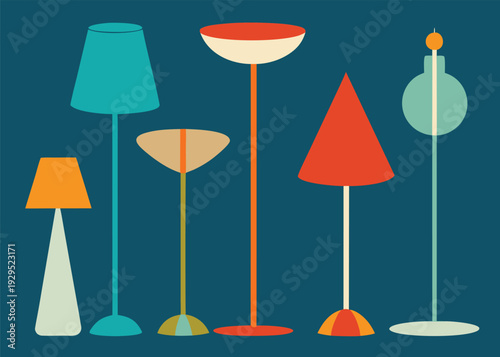 A collection of five stylish retro floor and table lamps with colorful geometric shapes in a mid-century modern aesthetic.