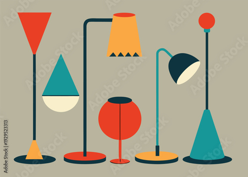 A group of five stylized retro floor and table lamps featuring vibrant colors and distinct geometric forms in a modern design.