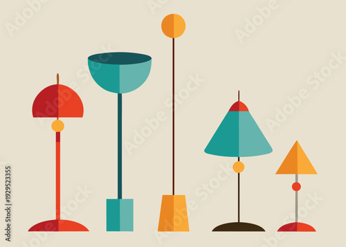 Five assorted stylish retro floor and table lamps showcasing various designs and warm colors in a mid-century modern style.