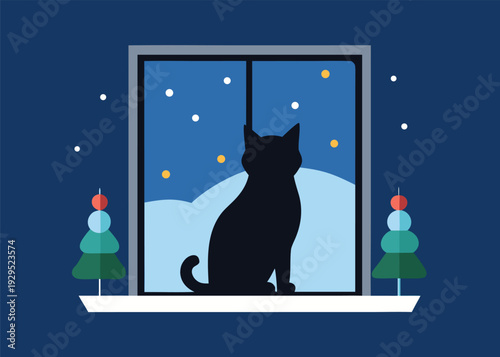 A black cat silhouette sits on a windowsill looking out at a snowy winter night scene with stars and decorated evergreen trees.