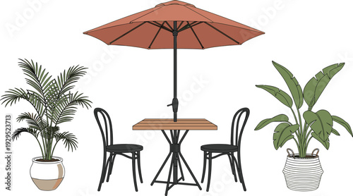 Outdoor Cafe Table and Chairs with Umbrella Vector Illustration and Potted Plants for Patio, Restaurant Terrace, and Garden Furniture Design.