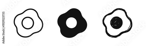 Fried Egg Icon Set - Hand Drawn Breakfast Food Symbols in Outline, Solid, and Doodle Styles