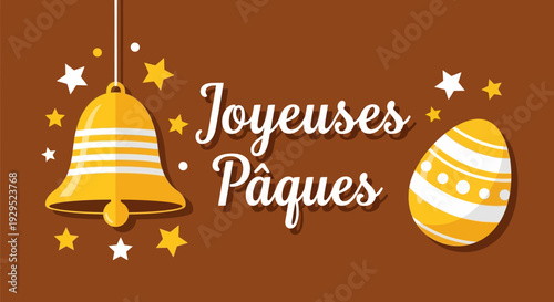 Happy Easter text with Easter egg and bell illustration on brown background