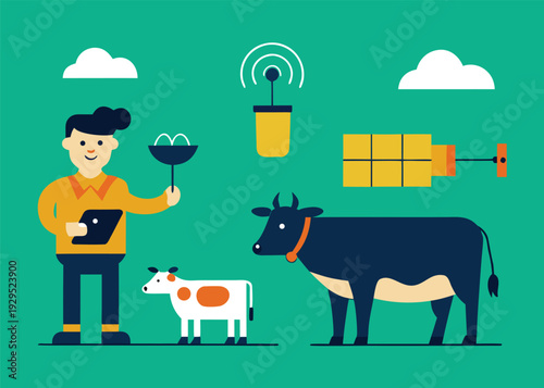 A farmer holds a tablet and sensor while standing next to a black cow and a small calf, surrounded by smart farming technology.
