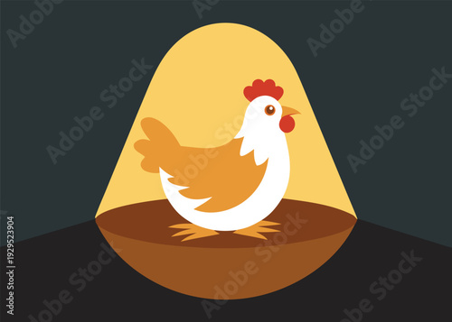 A white and brown hen with a red comb stands centered on a round platform, brightly lit by a golden spotlight on a dark stage.