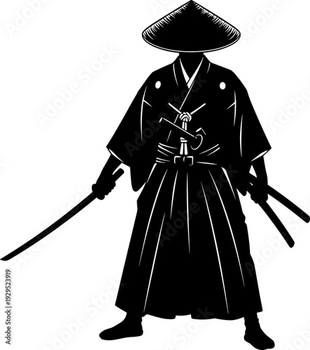 A black and white illustration of a samurai warrior wearing a traditional Japanese hat and robe, holding two swords in a powerful stance, evoking a sense of strength and honor.