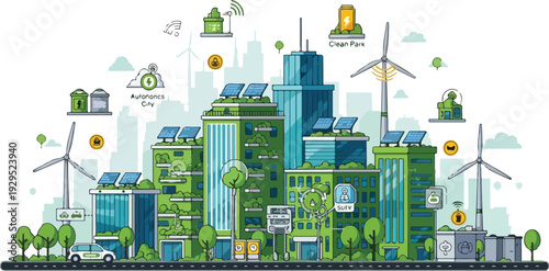 Illustration of a sustainable smart city infrastructure with green buildings, solar panels, and wind turbines, showcasing eco-friendly urban planning and technology integration.