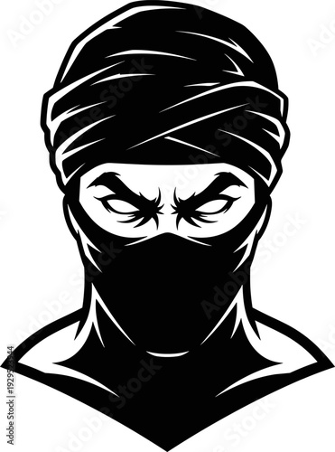 A black and white illustration of a ninja with a fierce expression, wearing a turban and mask, set against a plain white background, conveying a sense of stealth and aggression.