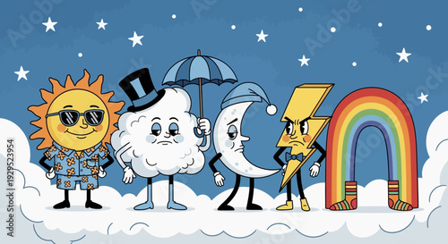 Anthropomorphic sun, cloud, moon, and rainbow characters on a blue sky.
