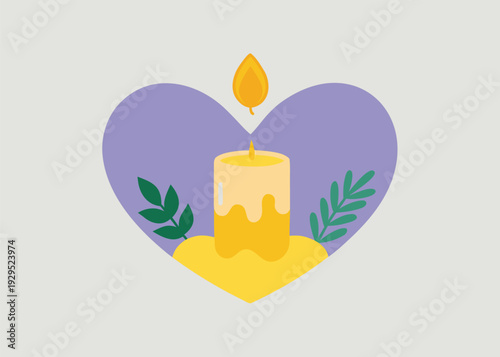 A yellow melting candle with a flickering flame is centered within a purple heart shape, adorned with green leafy branches.