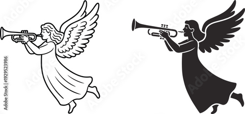 Two angels playing trumpets in contrasting black and white styles musical instrument flying wings