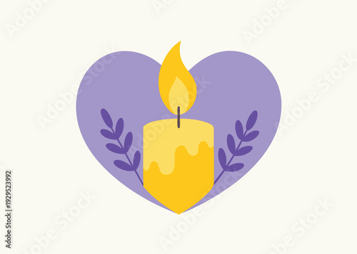 A yellow melting candle with a flickering flame is centered within a purple heart shape, adorned with purple leafy branches.