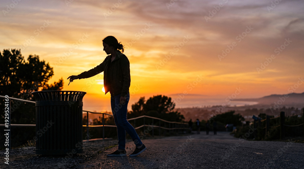 Fototapeta premium Silhouette of a woman correctly disposing of trash into a public receptacle while enjoying a dramatic and vibrant orange sunset overlooking a distant coastal landscape