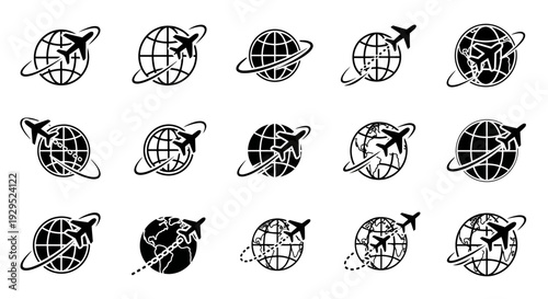 Set of black and white planet icons with varying design elements.