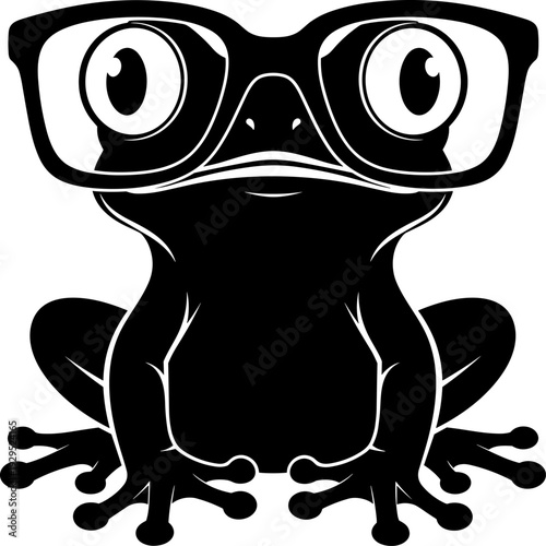 A black silhouette of a frog wearing glasses, sitting on a plain white background, with a humorous and quirky expression.
