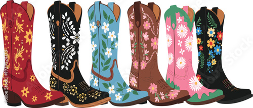 Floral Cowboy Boots Vector Set with Embroidered Western Leather Footwear for Country Fashion, Rodeo Style, and Rustic Decorative Design.