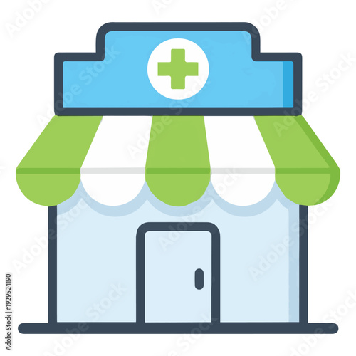 Flat Design Pharmacy Store Icon with Green Awning and Medical Cross
