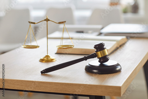 Photography Justice balance scales, gavel of judge and legislation book on desk of lawyer